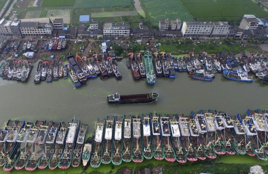 قایق ها به خاطر طوفان چان-هوم در بندر ژجیانگ لنگر انداخته اند