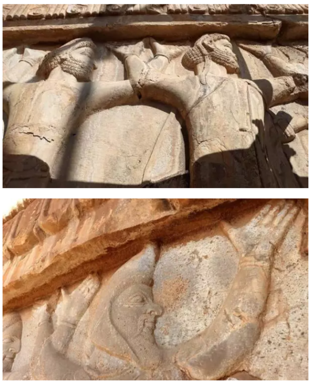 پایینتر از نقش خشایارشا و اهورامزدا، نقش ۲۸ نفر دیده میشود که به نماد ۲۸ ساتراپی هخامنشی زیر تخت را بلند کردهاند. این نقشها هنوز هم پس از قرنها بسیار واضح هستند و حتی میتوان تشخیص داد که لباس و صورت این افراد به چه سرزمینهایی تعلق دارد