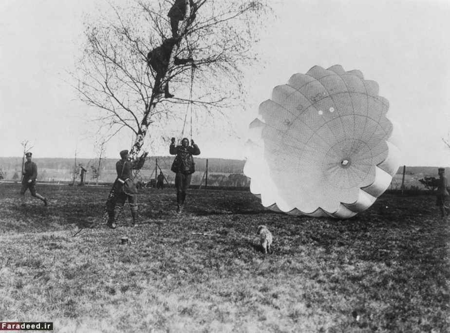 خلبان بالون پس از پریدن با چتر نجاتمیان شاخه های درخت گیرکرده است. سال 1918