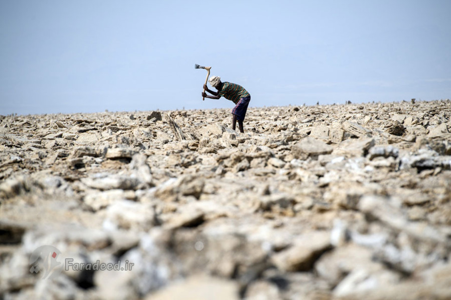کارگری که در حال استخراج نمک از سنگهای نمک است